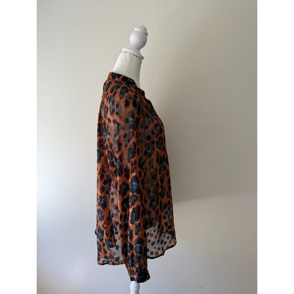 The Korner Sheer Leopard Print Blouse Womens XL Brown Blue Long Sleeve Tunic Top - Picture 3 of 11